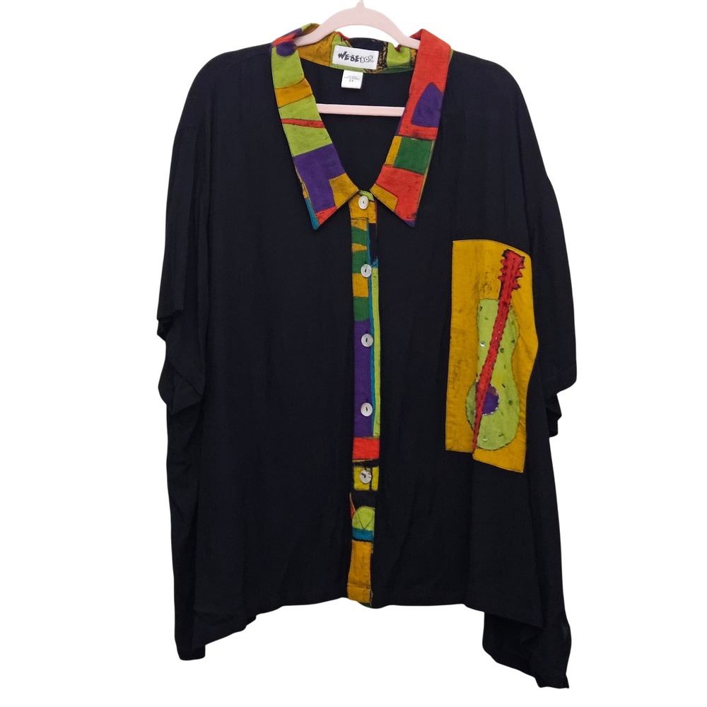 We Be Bop Button Down Shirt Womens 2X Black Guitar Patch Art to Wear Boho Top